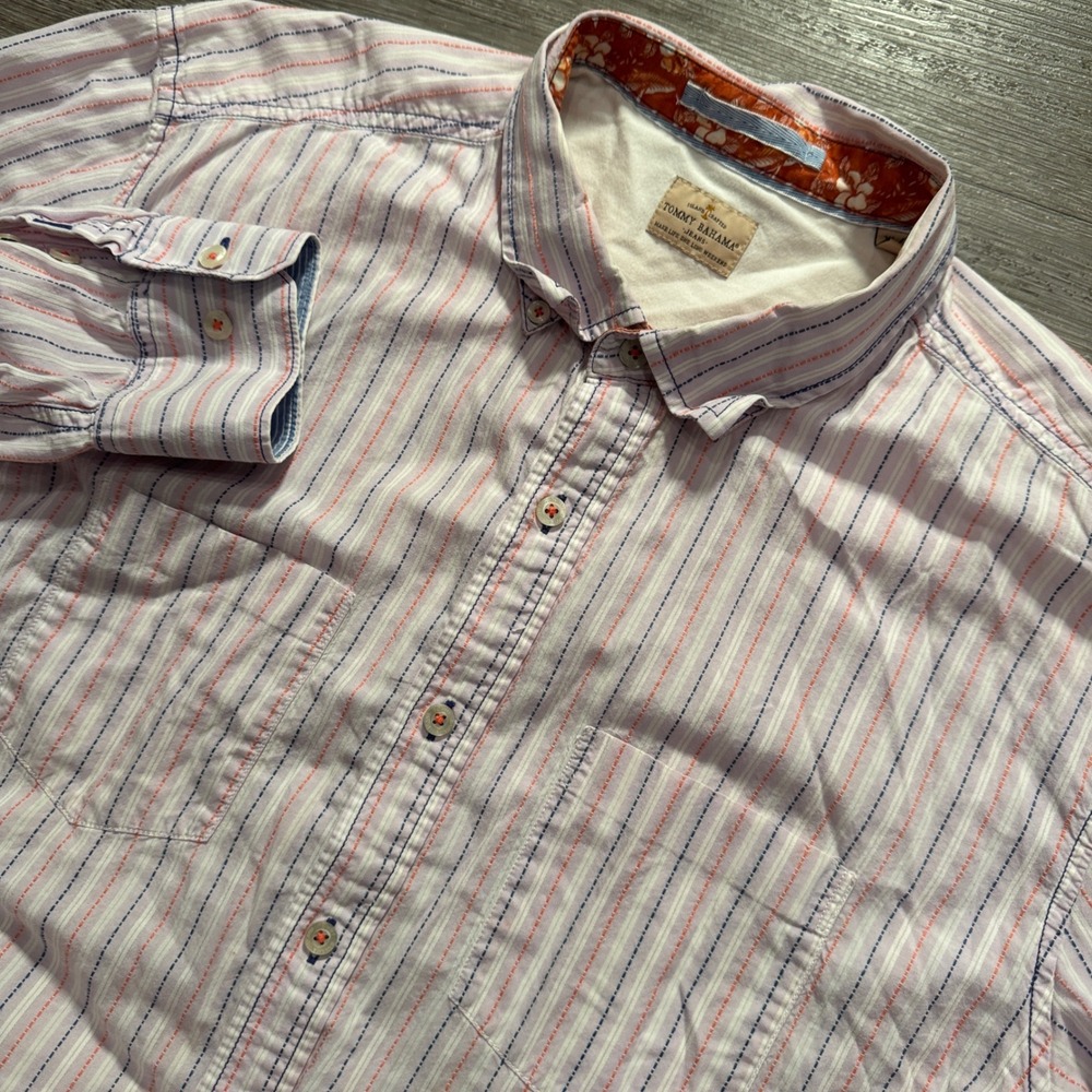 Tommy Bahama Shirt Mens XL Pink Blue Stripe Cotton Island Crafted Coastal Travel